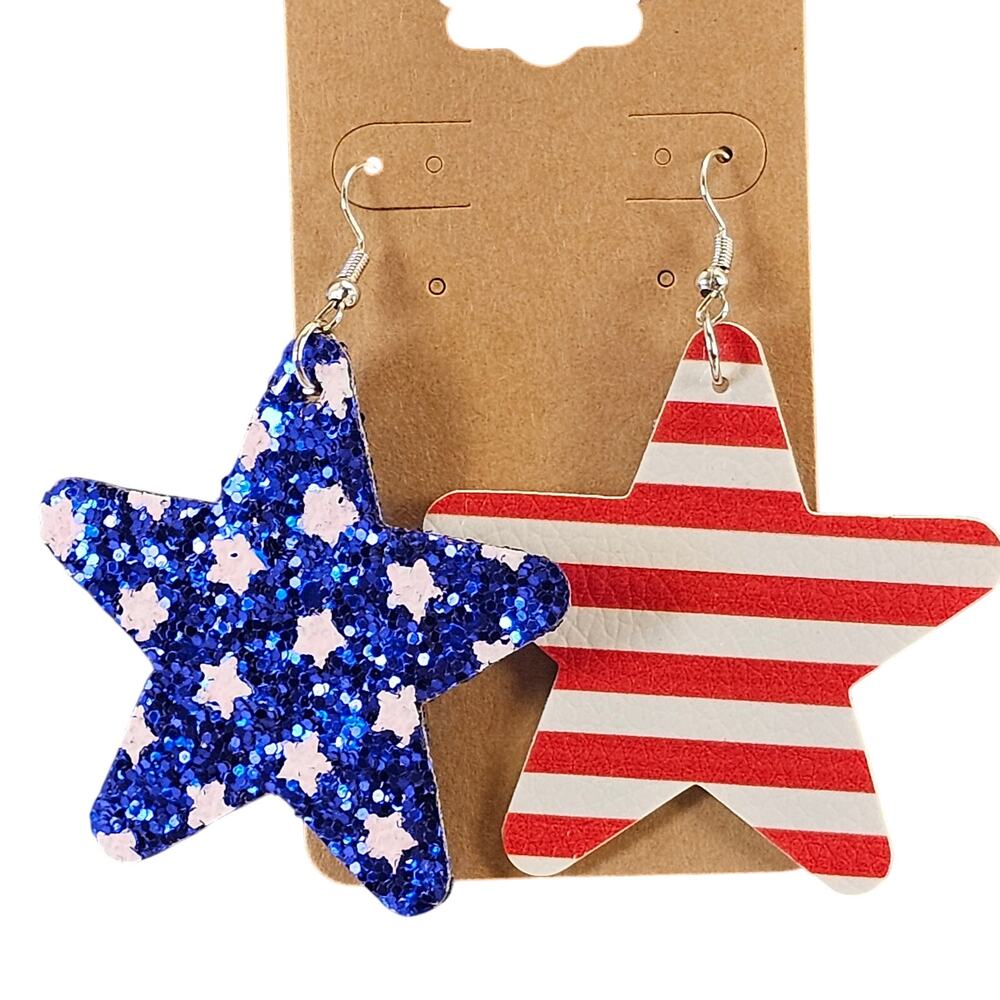 Patriotic Star Earrings Red White Blue Glitter American Flag Dangle Faux Leather